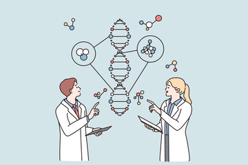 Wall Mural - laboratory research and genetic engineering concept. young scientists woman and man cartoon characte
