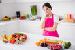 © deagreez - Photo of think brunette hair millennial lady cook from home wear white t-shirt apron at kitchen