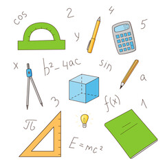 A set of elements of mathematics and physics. Formulas and objects. Colored isolated illustrations in cartoon style on a white background.