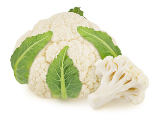 Wall Mural - Fresh whole cauliflower with leaves isolated on a white background.
