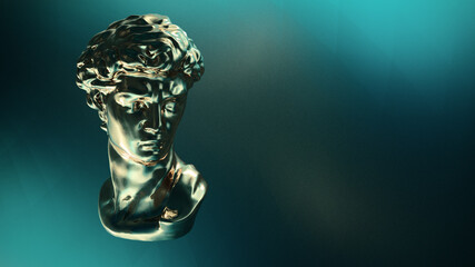 Wall Mural - golden bust of david on a green background.3D. Render.antique background