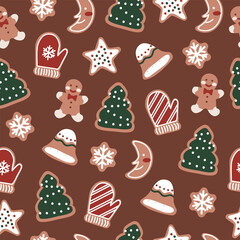 Wall Mural - Merry christmas holiday cute gingerbread man, tree, star cookies and biscuits seamless pattern for fabric, linen, textiles and wallpaper