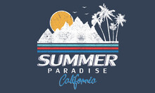 California Summer Paradise Vector Design. Palm Beach Traveling Graphic Artwork. 