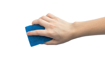 Hand without protective glove using washing sponge isolated on a white background photo