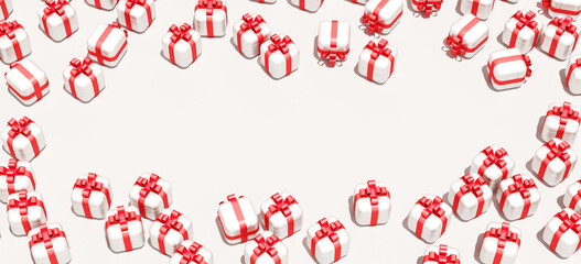 Wall Mural - Minimal background for Christmas online shopping concept. White gift box with red ribbon bow on white background. 3d rendering illustration. Clipping path of each element include