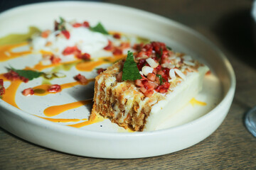 Poster - Traditional Russian honey cake with strawberry and almond