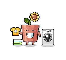 Mascot Cartoon Of Sunflower Pot With Washing Machine