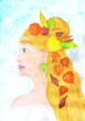 Portrait of a girl with autumn leaves in her hair. Children's drawing, mixed technique
