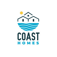 Coast Homes Logo Design, Wave Sea Water Ocean With Home House Building Cabin Cottage And Sun Sunrise Sunset Logo Design. Coastal, Pier, Beach, Beachfront And Waterfront Logo Design Inspiration