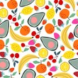 Seamless pattern with berries, fruits and vegetables. Avocado, watermelon, lemon, banana, orange, strawberry, cherry, apple. A bright illustration for application on fabric, paper, for posters and dec