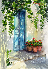 Watercolor Illustration Of A Porch With A Blue Door, Flowers In Clay Pots And Climbing Vines Casting A Shadow On The Wall Of The House
