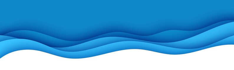 Wall Mural - Wavy border in paper cut style. 3d abstract background with cut out deep waves modern cover. Blue color layers with smooth shadow papercut art. Vector card illustration origami environment template.
