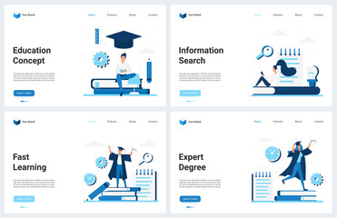 Poster - Education in school college university, learn study technology vector illustration. Cartoon modern educational concept landing page set with information search, professional expert graduate student