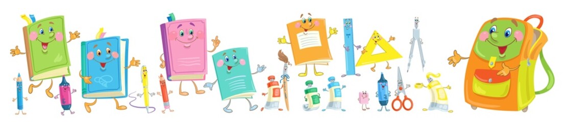 Poster - Colorful banner of funny school items. Books, notebooks, pens, pencils, eraser, compasses, paints, brush, rulers, scissors, backpack. In cartoon style. Isolated on white. Vector flat illustration