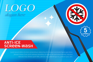 Wall Mural - Windshield wiper label template from snow and ice. Concept for cleaning products, screen wash, polishing, nano-coatings. Vector, illustration