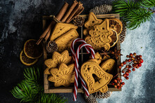 Overhead View Of Christmas Gingerbread Cookies In A Box With Christmas Decorations