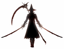 A Sinister Black Silhouette Of A Warrior With Two Rusty Jagged Sabers And A Scythe On His Back Is Slowly Walking Forward, A Pointed Hat On His Head, He Is Wearing A Long Coat And Boots. 2d Art