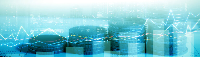 Wall Mural - Financial investment - Double exposure of graph and rows of coins for finance and business concept, Forex trading market candlestick chart, Cryptocurrency Digital economy. investing growing, economy.