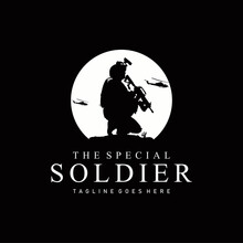 Silhouette Of Soldiers At War, Commander Logo Carrying Weapons