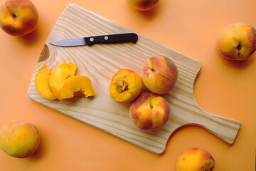 some slides of peach, some peaches and a knife on a cutting table with an orange background and some peaches more