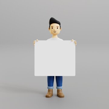 Portrait of a male character in casual clothes, a white t-shirt, who is holding a white board, to be customized as a template. an ordinary young man. Minimal art style. Illustration of 3d rendering.