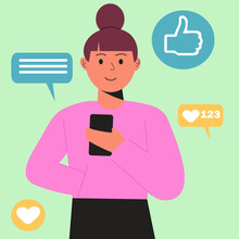 Marketing In Social Networks. A Woman, A Brown-haired Girl Holding A Smartphone In Pink, Black Colors.