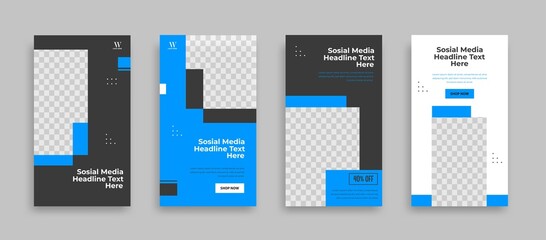 Wall Mural - Set of Editable minimal square banner template.  Blue black background color with geometric shapes for social media post, story and web internet ads. Vector illustration