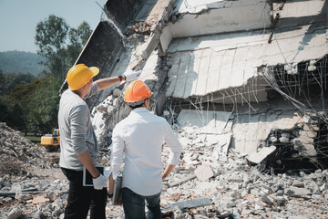 Demolition control supervisor and contractor discussing on demolish building.