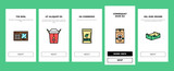Fototapeta  - Box Carton Container Onboarding Mobile App Page Screen Vector. Sushi Delivering And Pizza, Box For Tea And Coffee, Mobile Phone And Tv Plazma Illustrations