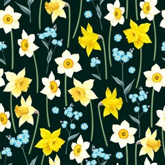 Wall Mural - Seamless pattern with yellow and white daffodil