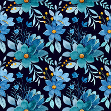 Blue Floral Watercolor Seamless Pattern On Dark Background