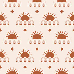 Poster - Minimalistic abstract seamless pattern with geometric sun and wave on pastel background. Bohemian pattern for wallpaper, textile, fabric, interior design. Modern vector illustration. Terracotta colors