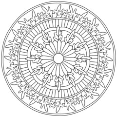 Wall Mural - Linear mandala with carved leaves and multi-petaled flower in the center, coloring page with plant elements