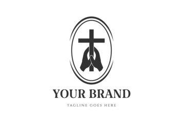 Wall Mural - Vintage Hand Hold Jesus Christian Cross Badge Emblem Label for Church Chapel or Religion Logo Design Vector