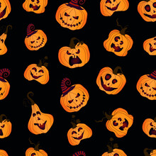 A Pattern Of Funny And Scary Pumpkins On A Black Background.For Decorating Fabrics And Surfaces,for Printing Brochures, Posters, Parties, Vintage Textile Design, Postcards, Wallpaper Or Packaging.