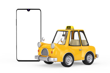 Fototapete - Yellow Cartoon Taxi Car near Modern Mobile Phone with Blank Screen for Your Design. 3d Rendering