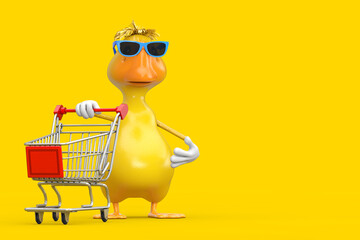 Poster - Cute Yellow Cartoon Duck Person Character Mascot with Shopping Cart Trolley. 3d Rendering