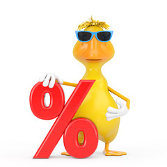 Aufkleber - Cute Yellow Cartoon Duck Person Character Mascot with Red Retail Percent Sale or Discount Sign. 3d Rendering