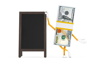 Aufkleber - Stack of One Hundred Dollar Bills Person Character Mascot with Blank Wooden Menu Blackboards Outdoor Display. 3d Rendering