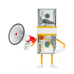 Leinwandbilder - Stack of One Hundred Dollar Bills Person Character Mascot with Red Retro Megaphone. 3d Rendering