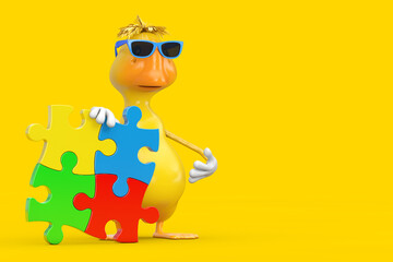 Aufkleber - Cute Yellow Cartoon Duck Person Character Mascot with Four Pieces of Colorful Jigsaw Puzzle. 3d Rendering