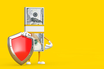 Aufkleber - Stack of One Hundred Dollar Bills Person Character Mascot with Red Metal Protection Shield. 3d Rendering
