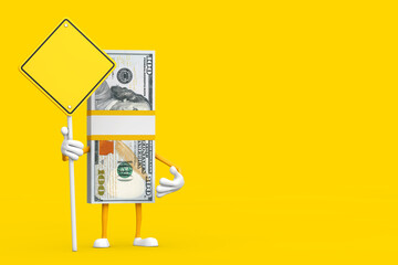 Poster - Stack of One Hundred Dollar Bills Person Character Mascot and Yellow Road Sign with Free Space for Yours Design. 3d Rendering
