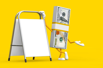 Leinwandbilder - Stack of One Hundred Dollar Bills Person Character Mascot with White Blank Advertising Promotion Stand. 3d Rendering