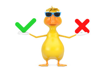Aufkleber - Cute Yellow Cartoon Duck Person Character Mascot with Red Cross and Green Check Mark, Confirm or Deny, Yes or No Icon Sign. 3d Rendering