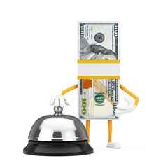 Aufkleber - Stack of One Hundred Dollar Bills Person Character Mascot with Hotel Service Bell Call. 3d Rendering