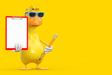 Fototapete - Cute Yellow Cartoon Duck Person Character Mascot with Red Plastic Clipboard, Paper and Pencil. 3d Rendering