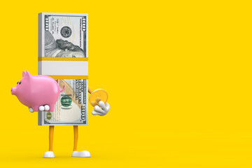 Aufkleber - Stack of One Hundred Dollar Bills Person Character Mascot with Piggy Bank and Golden Dollar Coin. 3d Rendering
