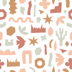 Poster - Inspired Matisse seamless pattern with colorful  cutting organic shapes, birds and plants on white background. Modern creative minimal design. Vector illustration