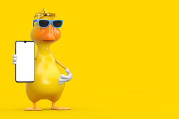Aufkleber - Cute Yellow Cartoon Duck Person Character Mascot and Modern Mobile Phone with Blank Screen for Your Design. 3d Rendering